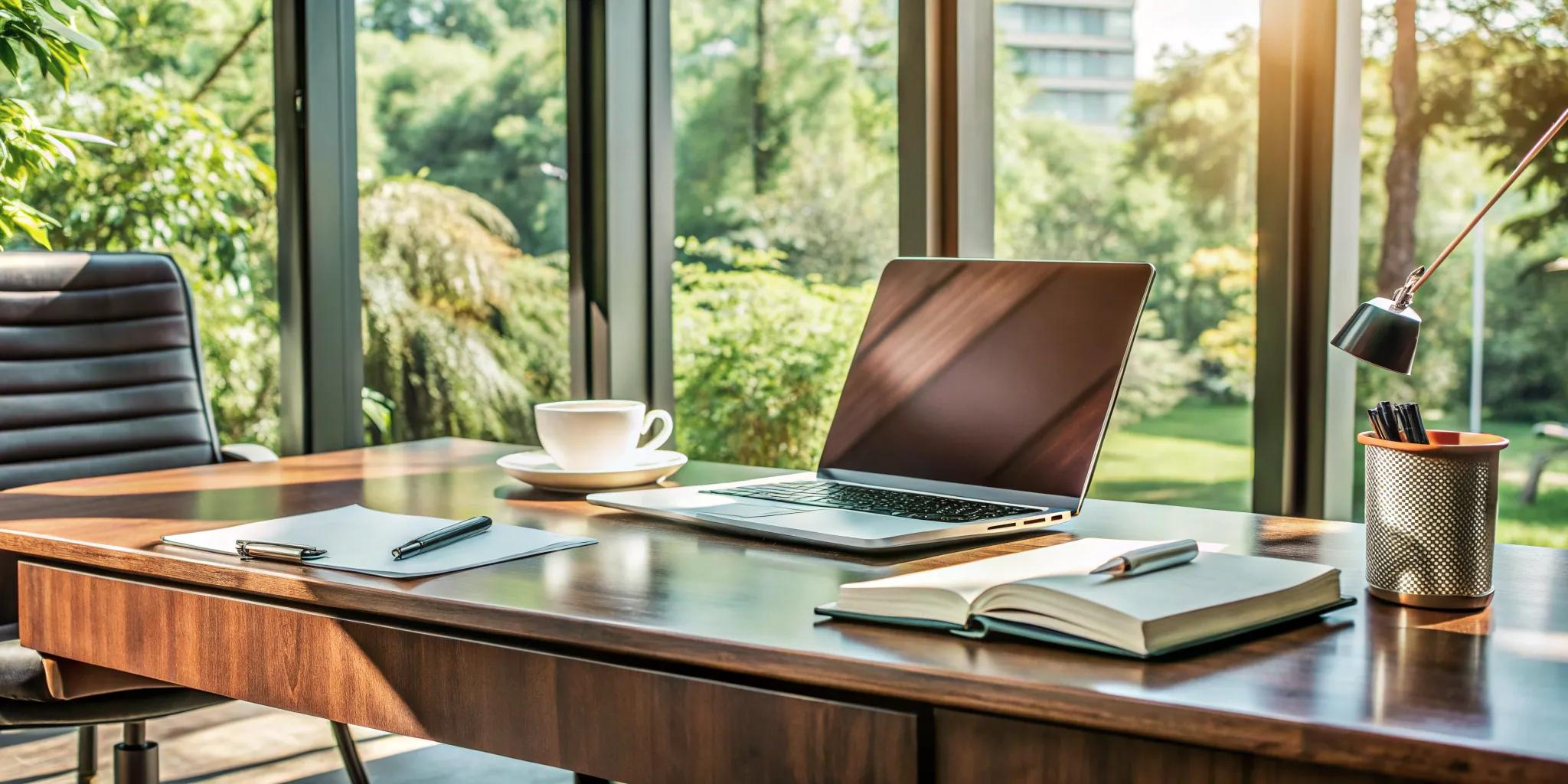 Bright office desk with a laptop and notebook