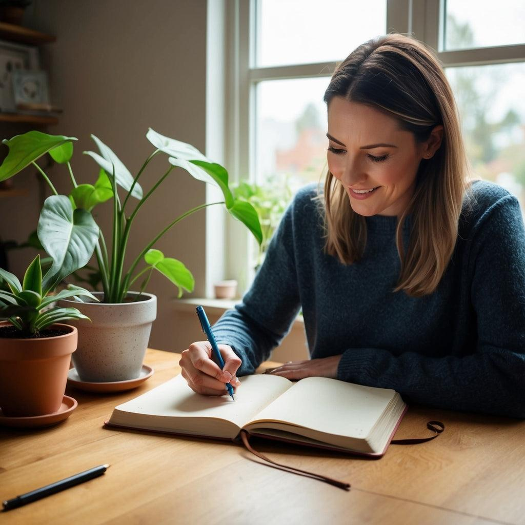 Adult writing personal wellness notes at a bright home table